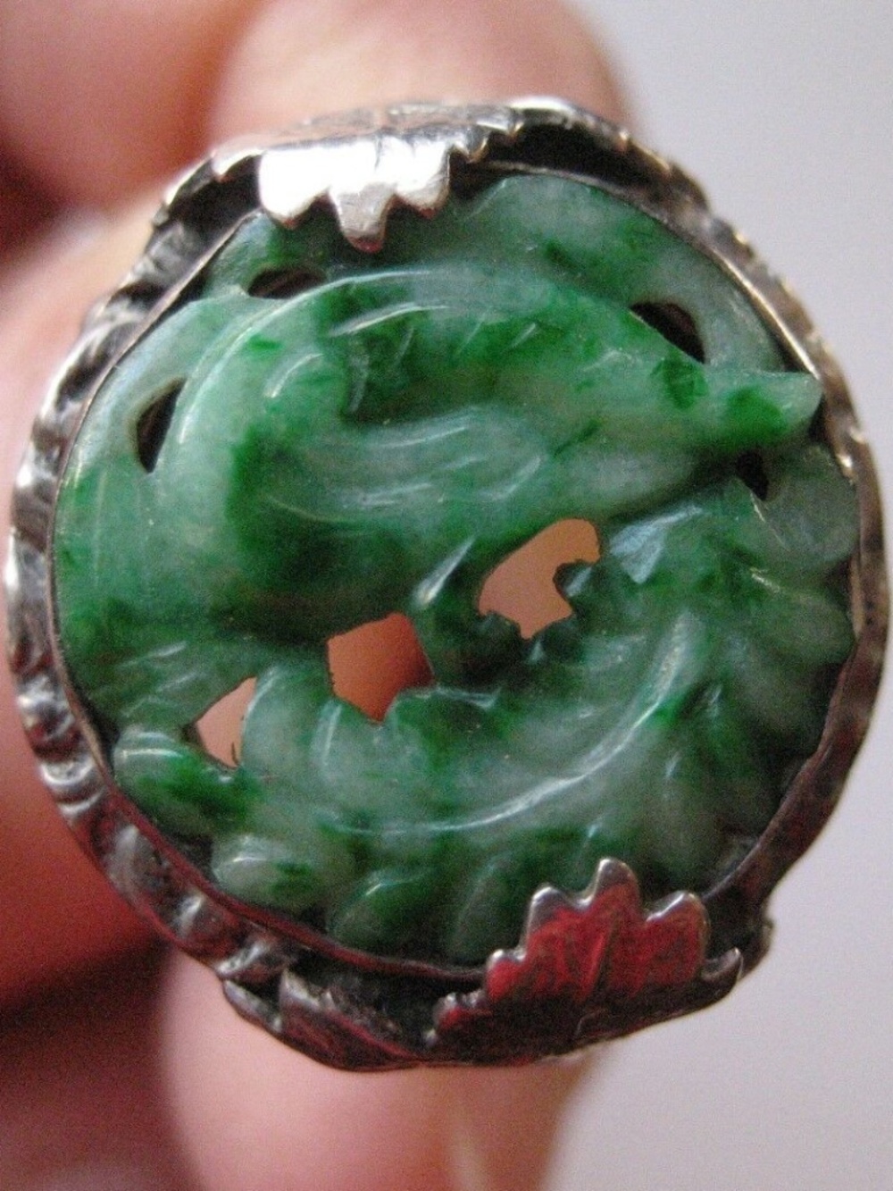 Antique Art Nouveau Hand Carved Jadeite Ring Sterling Ring Size 7